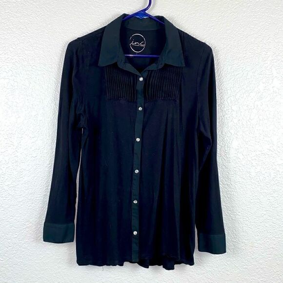 INC International Concepts Black Long Sleeve Button-Down Pleated Shirt Large - Picture 1 of 8